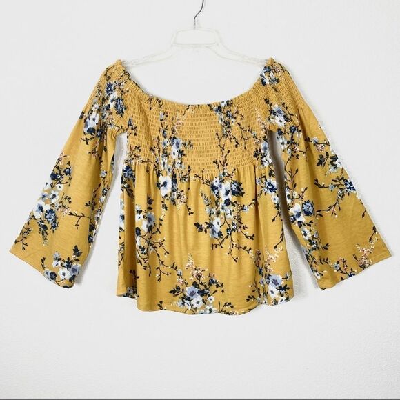 Xhilaration Yellow Floral Wide Sleeve Smocked Off the Shoulder Blouse Top Size S - Picture 2 of 5